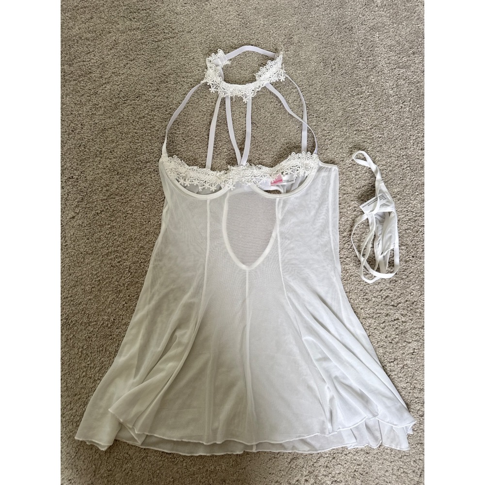 Shirley of Hollywood White Mesh Lace Strappy Babydoll Chemise G-String Set Mens